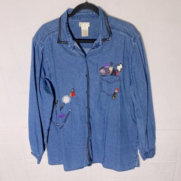 Vintage Bobbie Brooks Med Wash Denim Embroidered Button Up Top XL - Picture 15 of 15